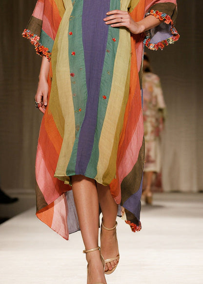 Unique Multicolored Ruffled Striped Cotton Maxi Dress Bracelet Sleeve