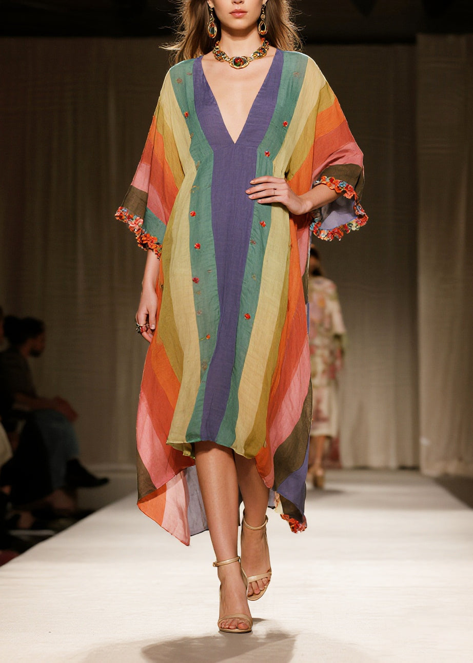 Unique Multicolored Ruffled Striped Cotton Maxi Dress Bracelet Sleeve