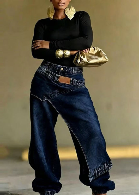 Unique Navy Asymmetric Patchwork Denim Beam Pants Fall