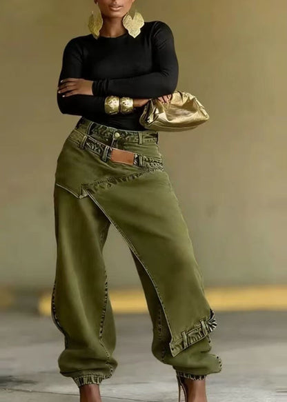 Unique Navy Asymmetric Patchwork Denim Beam Pants Fall