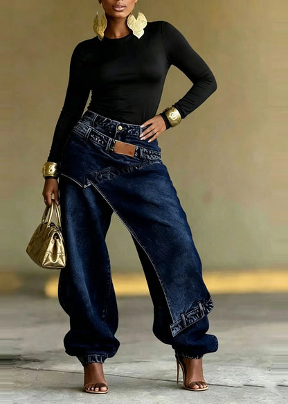 Unique Navy Asymmetric Patchwork Denim Beam Pants Fall