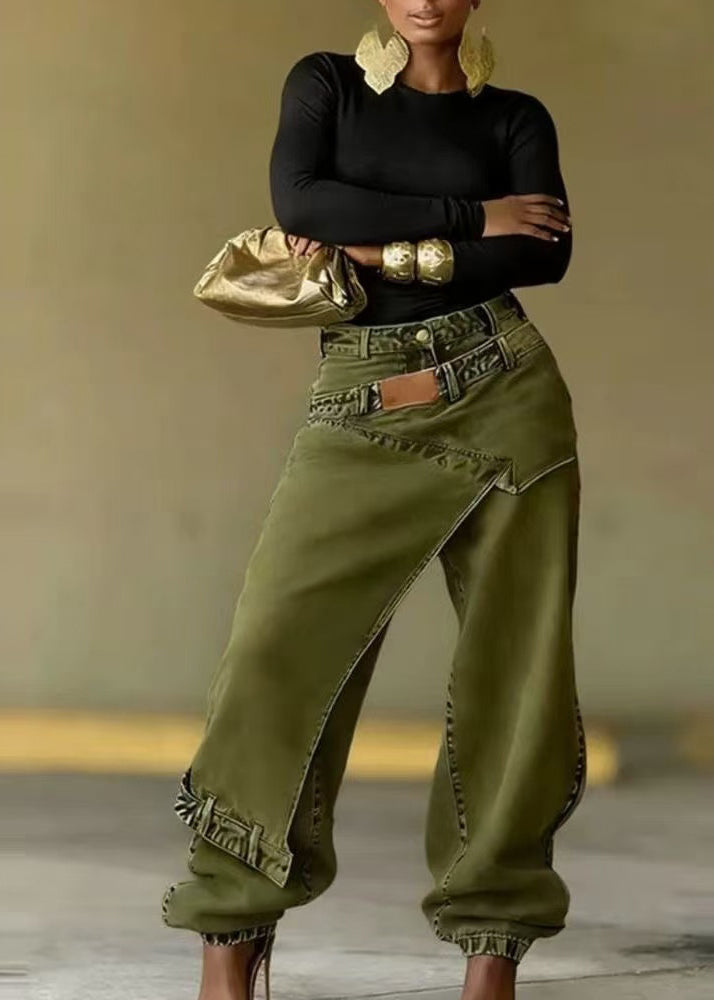 Unique Navy Asymmetric Patchwork Denim Beam Pants Fall