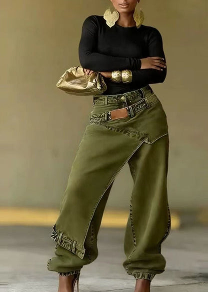 Unique Navy Asymmetric Patchwork Denim Beam Pants Fall