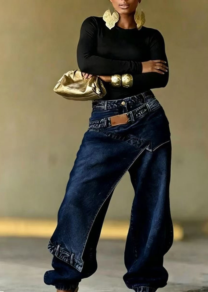 Unique Navy Asymmetric Patchwork Denim Beam Pants Fall