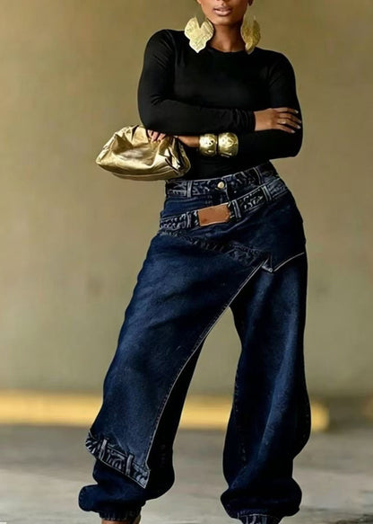Unique Navy Asymmetric Patchwork Denim Beam Pants Fall