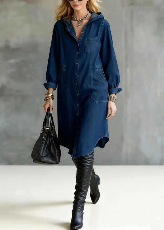 Unique Navy Hooded Button Down Denim Maxi Dresses Spring