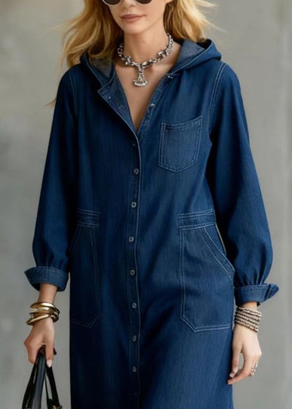 Unique Navy Hooded Button Down Denim Maxi Dresses Spring