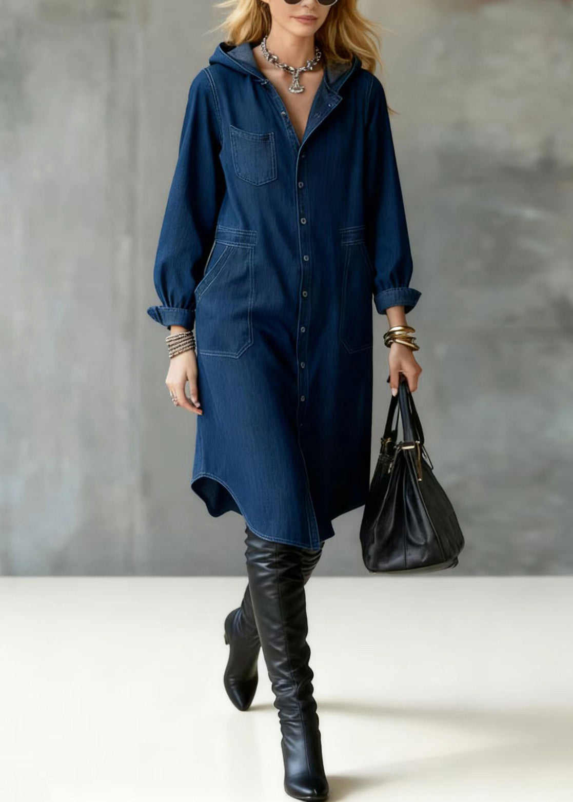 Unique Navy Hooded Button Down Denim Maxi Dresses Spring