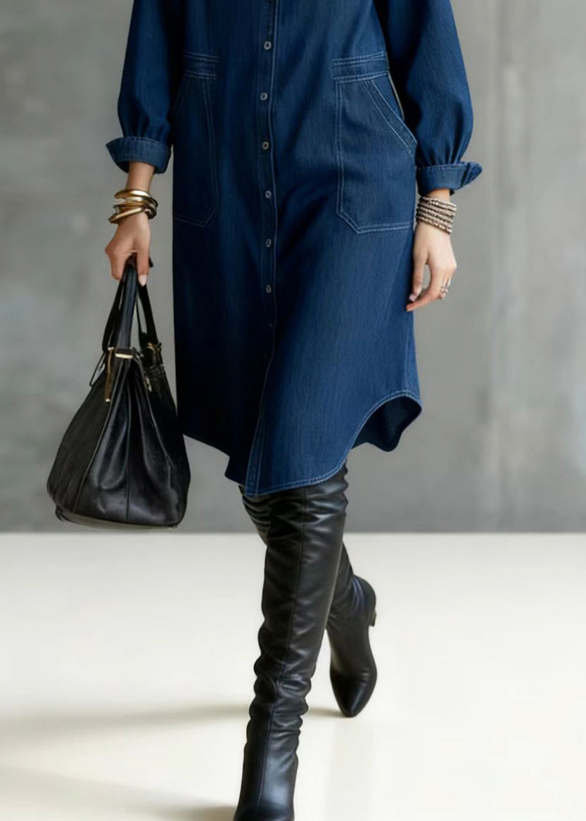 Unique Navy Hooded Button Down Denim Maxi Dresses Spring