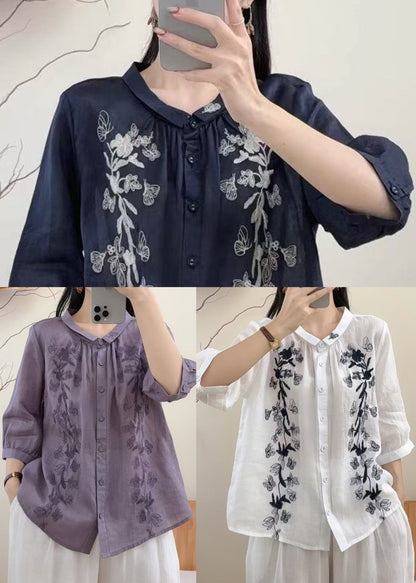 Unique Navy Oversized Butterfly Linen Shirts Bracelet Sleeve
