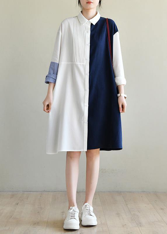 Unique Navy Patchwork White Peter Pan Collar Cotton Spring Mid Dress - SooLinen