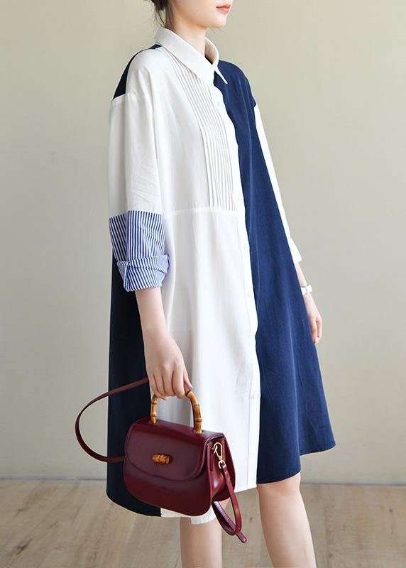 Unique Navy Patchwork White Peter Pan Collar Cotton Spring Mid Dress - SooLinen