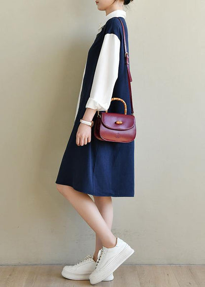 Unique Navy Patchwork White Peter Pan Collar Cotton Spring Mid Dress - SooLinen