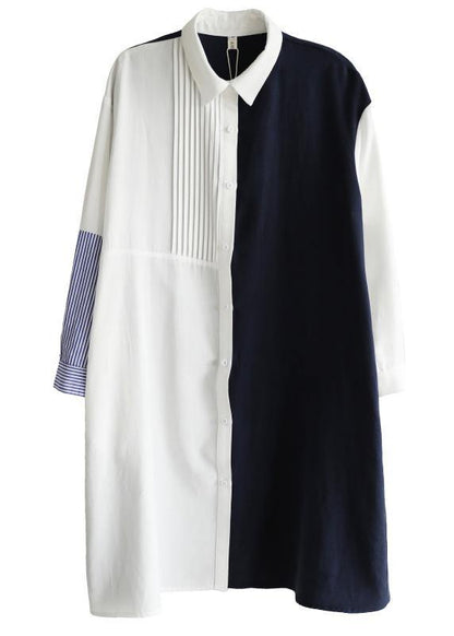 Unique Navy Patchwork White Peter Pan Collar Cotton Spring Mid Dress - SooLinen