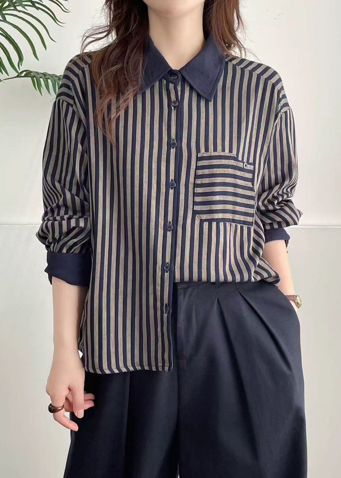 Unique Navy Peter Pan Collar Striped Cotton Shirt Top Spring