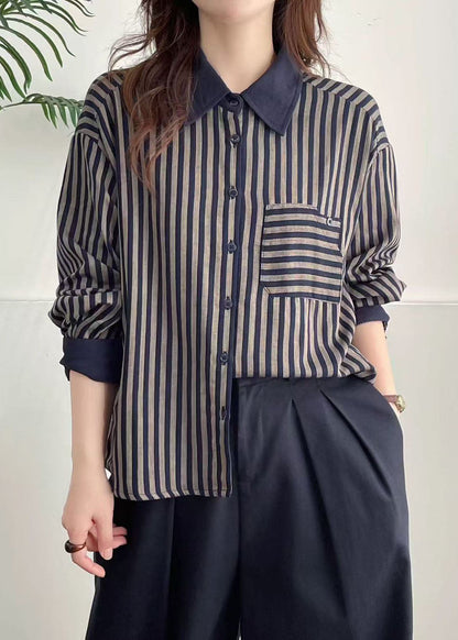 Unique Navy Peter Pan Collar Striped Cotton Shirt Top Spring