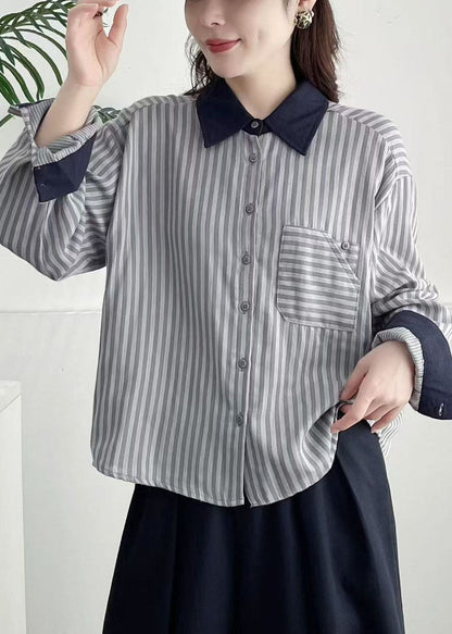 Unique Navy Peter Pan Collar Striped Cotton Shirt Top Spring