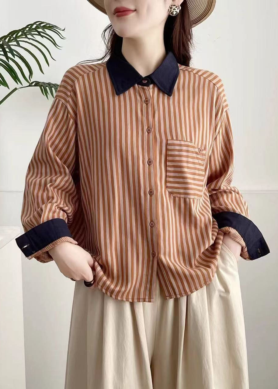Unique Navy Peter Pan Collar Striped Cotton Shirt Top Spring