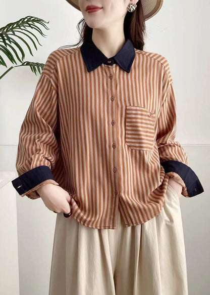 Unique Navy Peter Pan Collar Striped Cotton Shirt Top Spring
