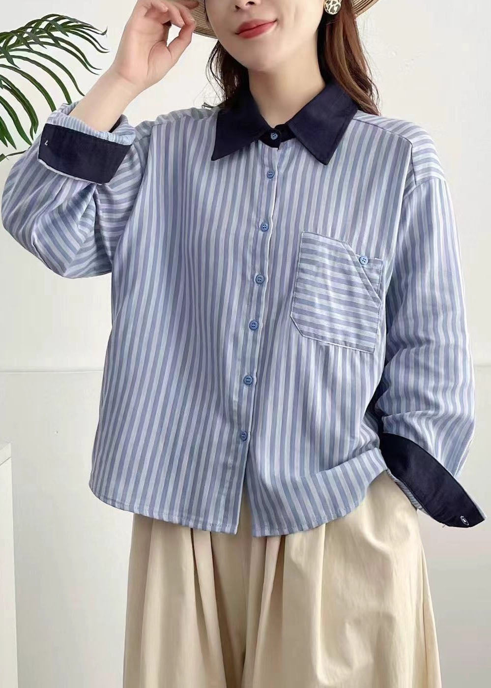 Unique Navy Peter Pan Collar Striped Cotton Shirt Top Spring