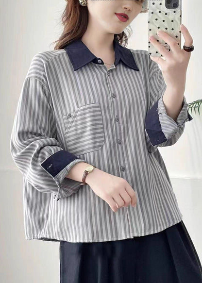 Unique Navy Peter Pan Collar Striped Cotton Shirt Top Spring