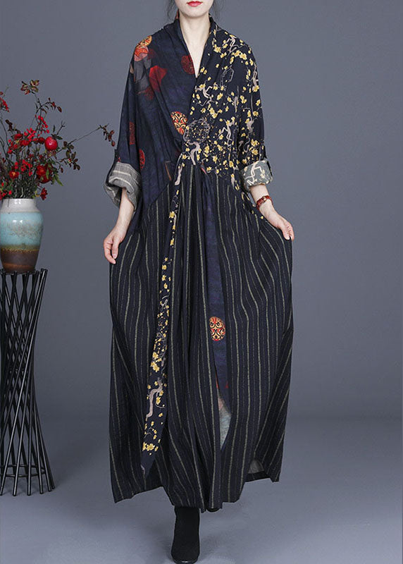 Einzigartiges Patchwork-Kleid mit Marine-Print und Bindegürtel für den Herbst und die Feiertage mit langen Ärmeln