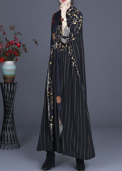 Einzigartiges Patchwork-Kleid mit Marine-Print und Bindegürtel für den Herbst und die Feiertage mit langen Ärmeln