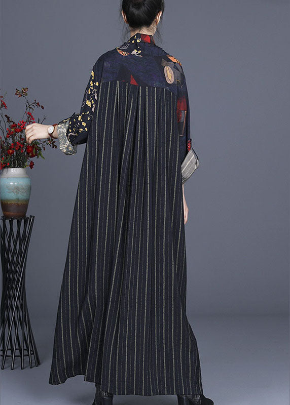 Einzigartiges Patchwork-Kleid mit Marine-Print und Bindegürtel für den Herbst und die Feiertage mit langen Ärmeln