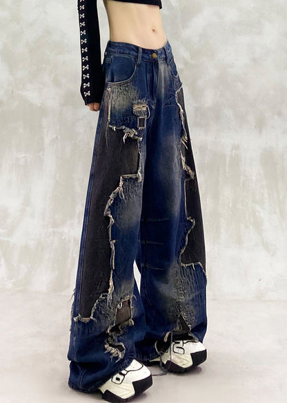 Einzigartige, marineblaue Jeans mit Rissen und Patchwork-Design, gerade geschnitten, Frühling