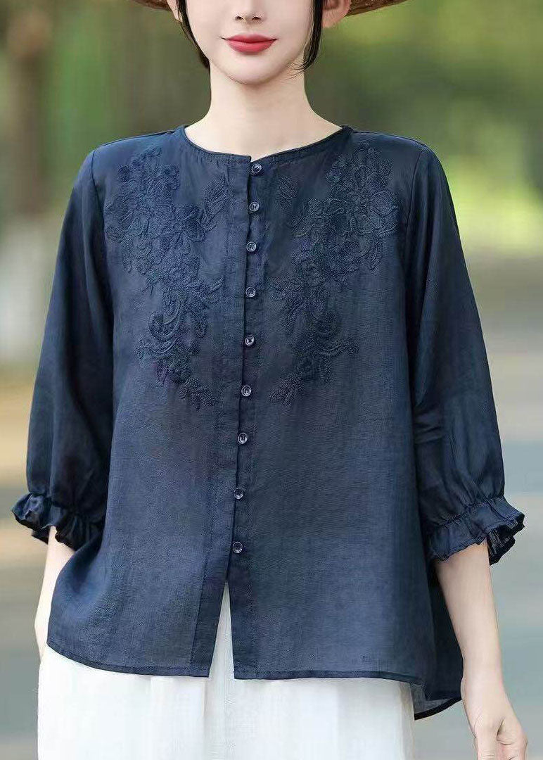 Unique Navy Ruffled Embroidered Linen Shirt Tops Summer