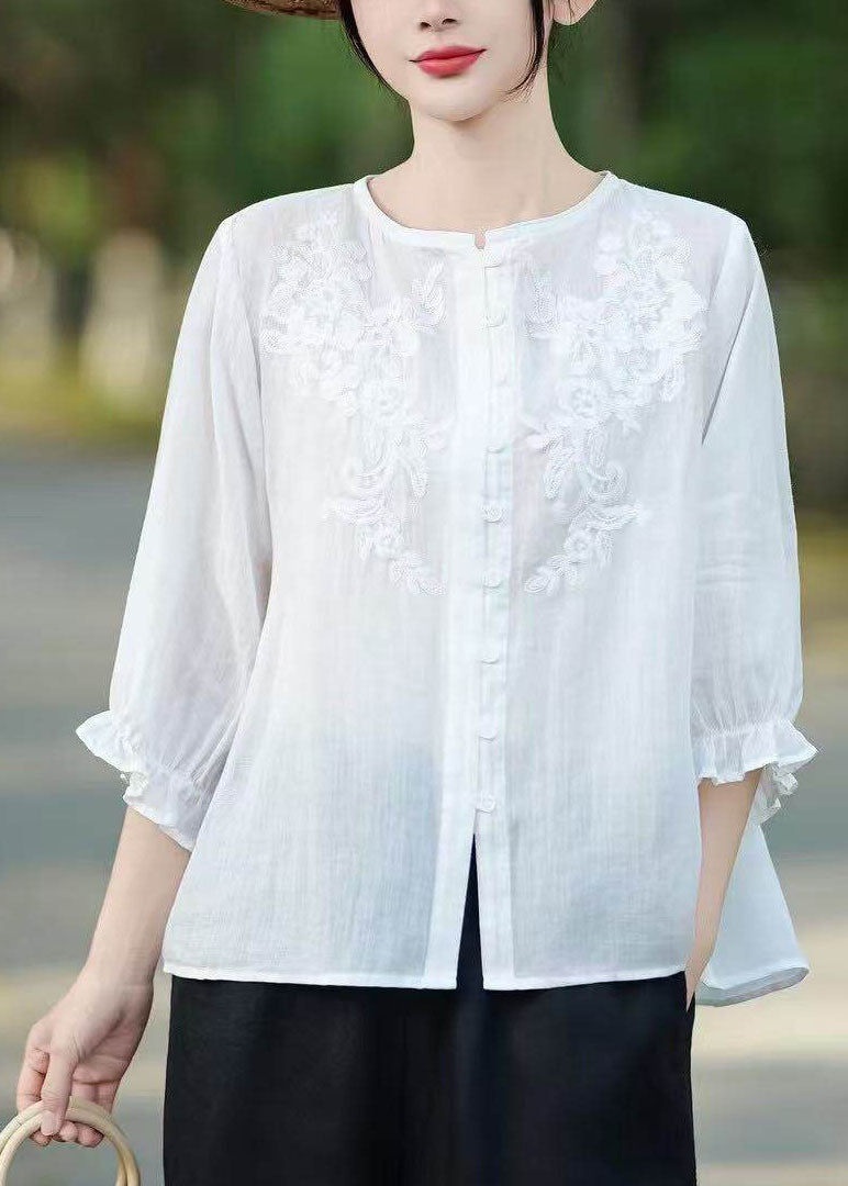 Unique Navy Ruffled Embroidered Linen Shirt Tops Summer