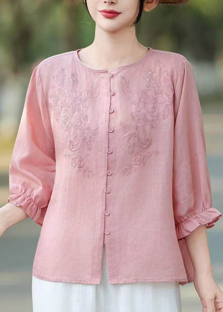 Unique Navy Ruffled Embroidered Linen Shirt Tops Summer