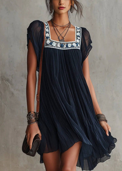Unique Navy Square Collar Embroidered Chiffon Mini Dress Summer