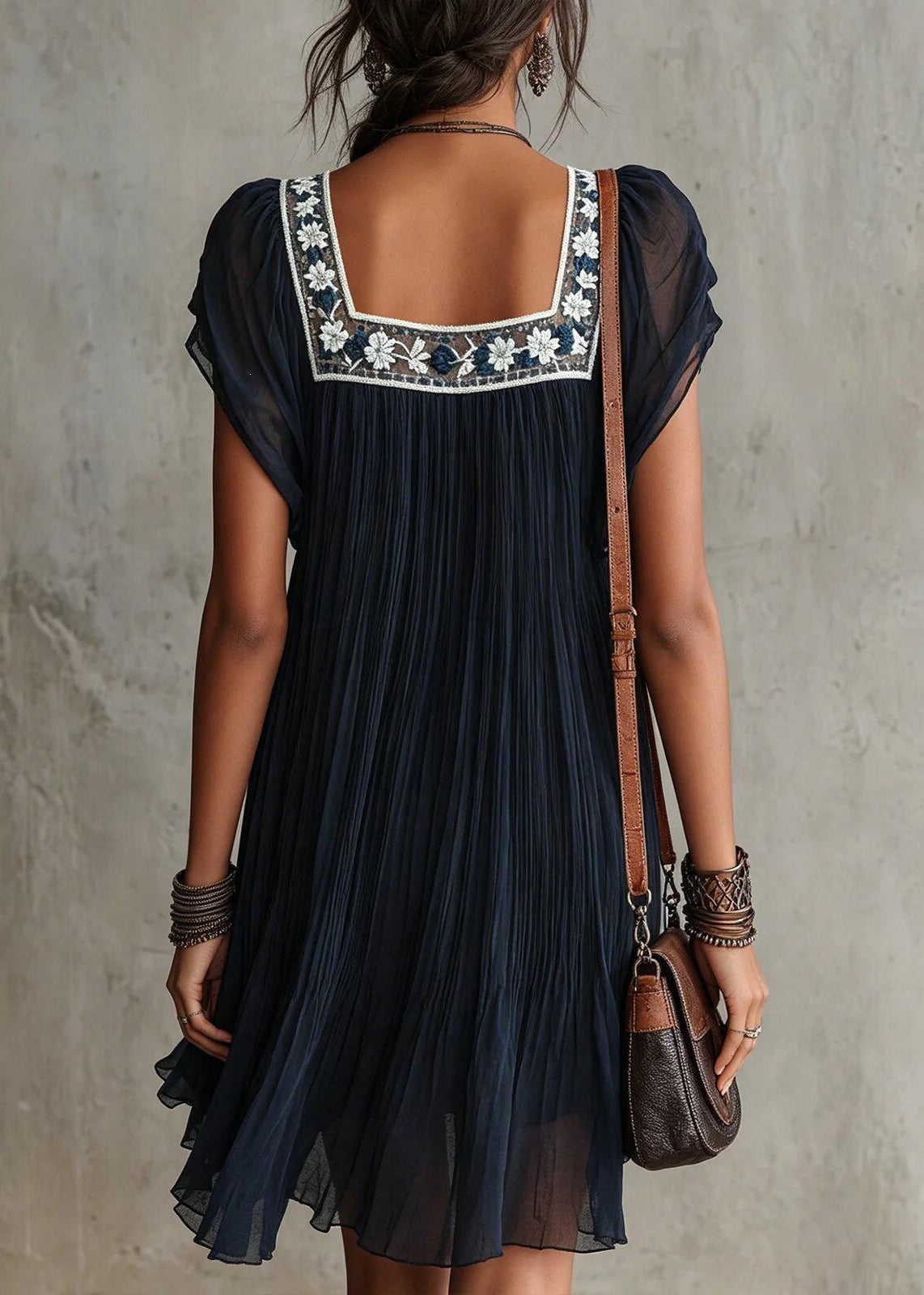 Unique Navy Square Collar Embroidered Chiffon Mini Dress Summer
