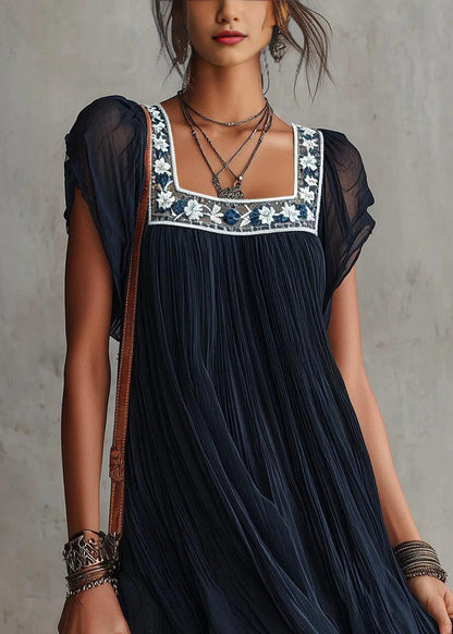 Unique Navy Square Collar Embroidered Chiffon Mini Dress Summer