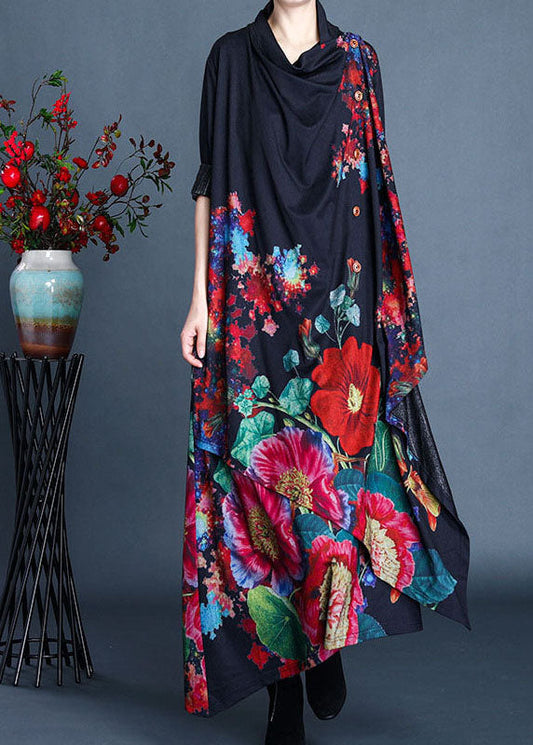 Einzigartiges marineblaues Rollkragenkleid mit Print für den Frühling