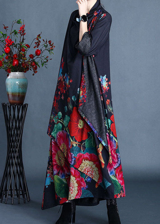 Einzigartiges marineblaues Rollkragenkleid mit Print für den Frühling