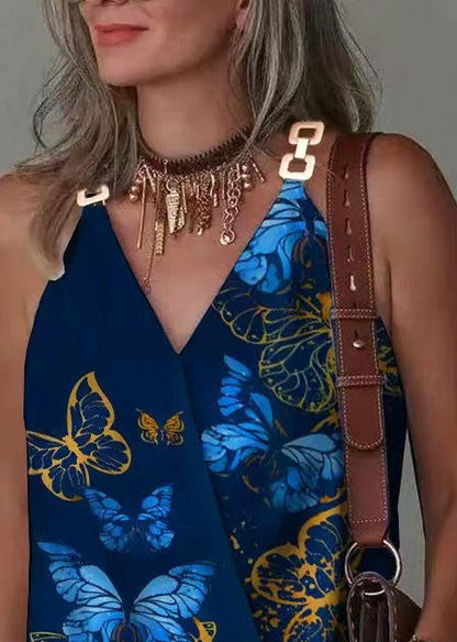 Unique Navy V Neck Metal Buckle Top Summer