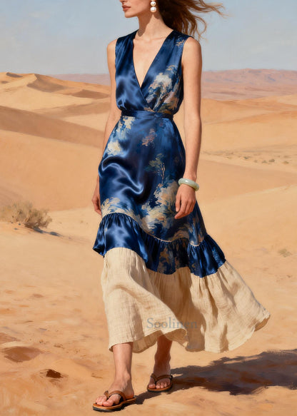 Unique Navy V Neck Patchwork Linen Silk Party Dress Summer