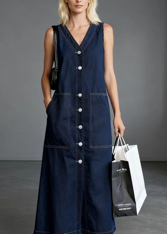 Unique Navy V Neck Side Big Pockets Denim Straight Dresses Sleeveless