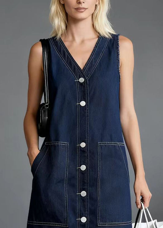 Unique Navy V Neck Side Big Pockets Denim Straight Dresses Sleeveless