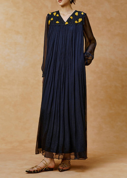 Unique Navy V Neck Wrinkled Handmade Hook Flower Long Dress Spring