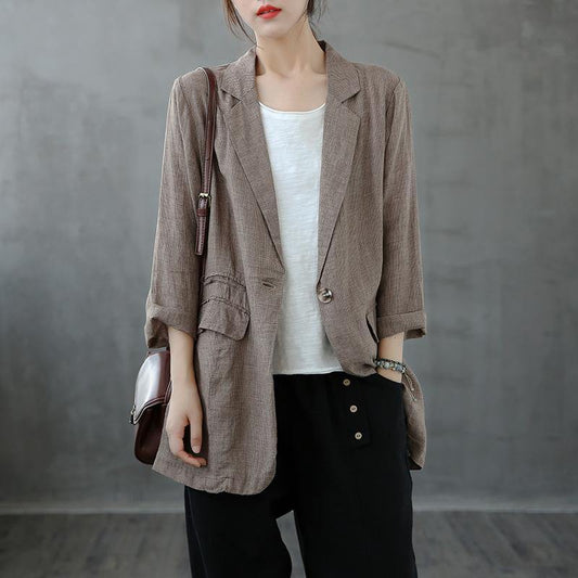 Unique Notched pockets Blouse Wardrobes khaki plaid blouse - SooLinen