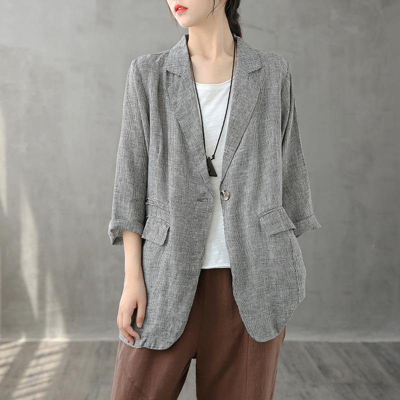 Unique Notched pockets Blouse Wardrobes khaki plaid blouse - SooLinen