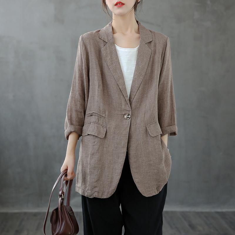 Unique Notched pockets Blouse Wardrobes khaki plaid blouse - SooLinen