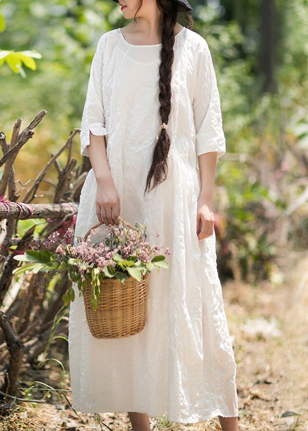 Unique O Neck Cinched Dress White Traveling Dresses - SooLinen