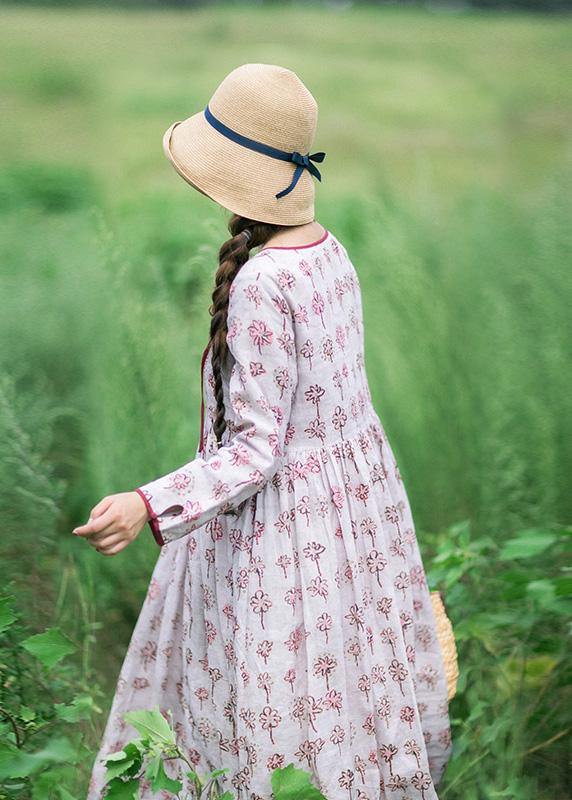 Unique O Neck Cinched Spring Quilting Clothes Tunic Floral Robe Dress - SooLinen