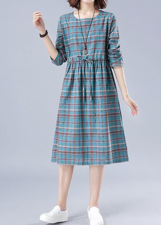 Unique O Neck Drawstring Spring Dress Runway Blue Plaid Dresses - SooLinen