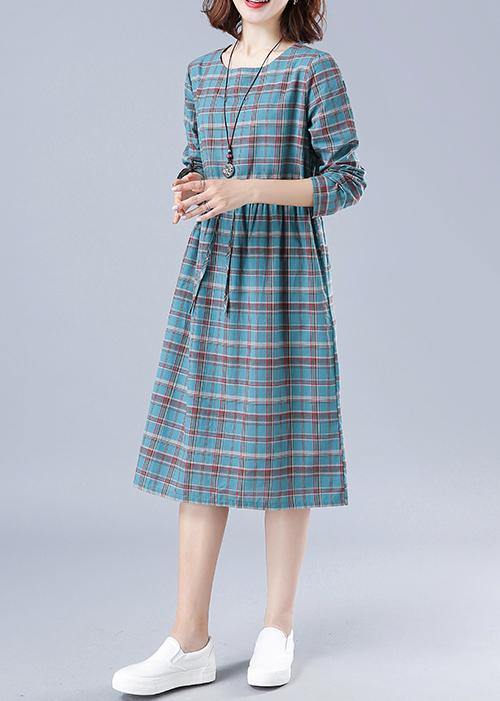 Unique O Neck Drawstring Spring Dress Runway Blue Plaid Dresses - SooLinen