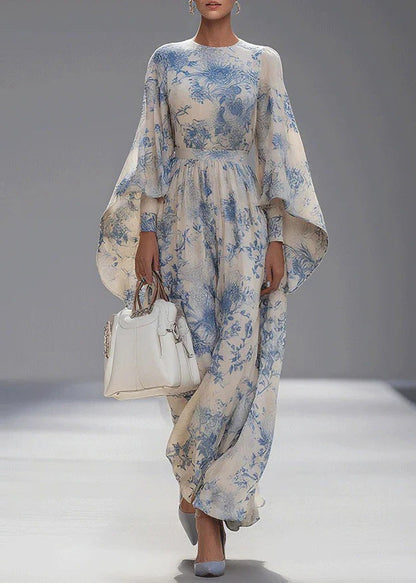 Unique O Neck Print Cotton Robe Dresses Flare Sleeve